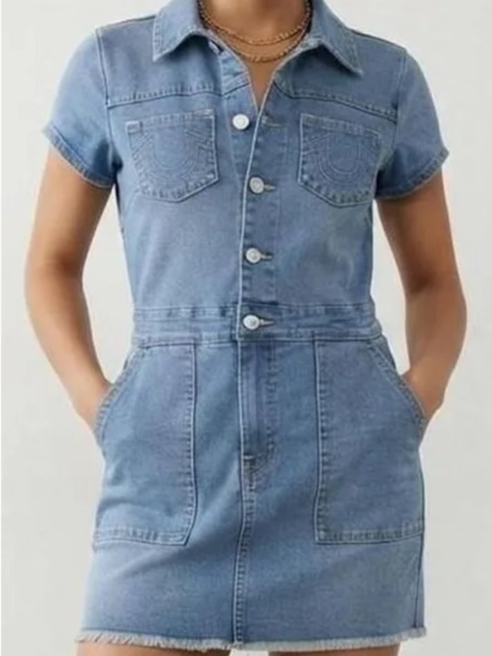 Denim Mini Dress 
True Religion Short Sleeve Button Front Size S